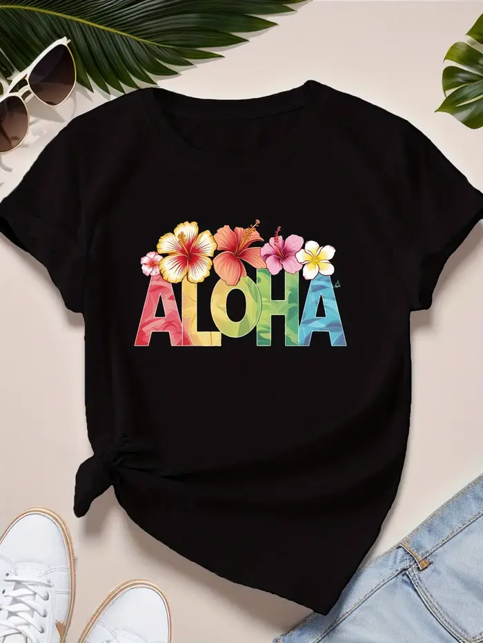 ALOHA avec des fleurs tropicales T-Shirt de sport à manches courtes pour femmes été