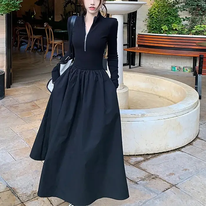 Robe à manches longues et col Polo pour femmes, nouveau Design, jupe longue trapèze noire, coupe cin