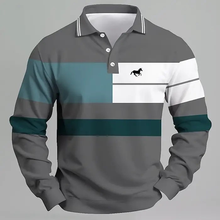 Polo avec logo licorne imprimé rayé pour hommes – T-shirt décontracté à manches longues, coupe régul