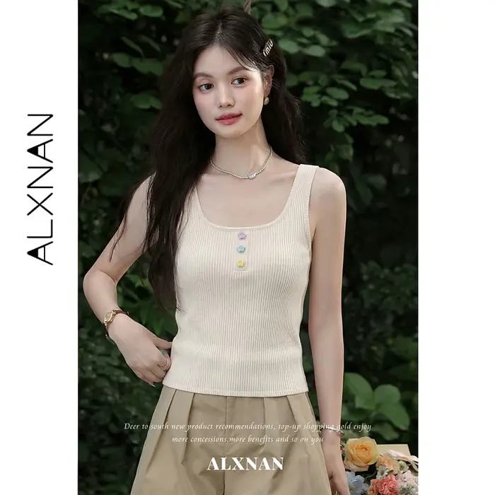 ALXNAN – débardeurs tricotés à fleurs colorées, avec boutons, col en U, col carré, débardeurs d'été,