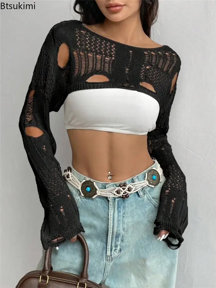 Femmes Sexy à manches longues voir à travers le crochet supérieur fleur trou creux tricoté Smock court pull femme