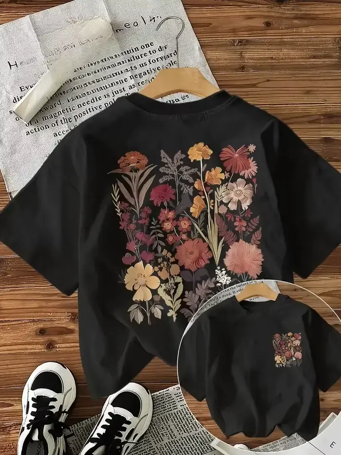 T-shirt à fleurs pour femmes, t-shirts amusants, mode coréenne, t-shirts graphiques, vêtements pour 