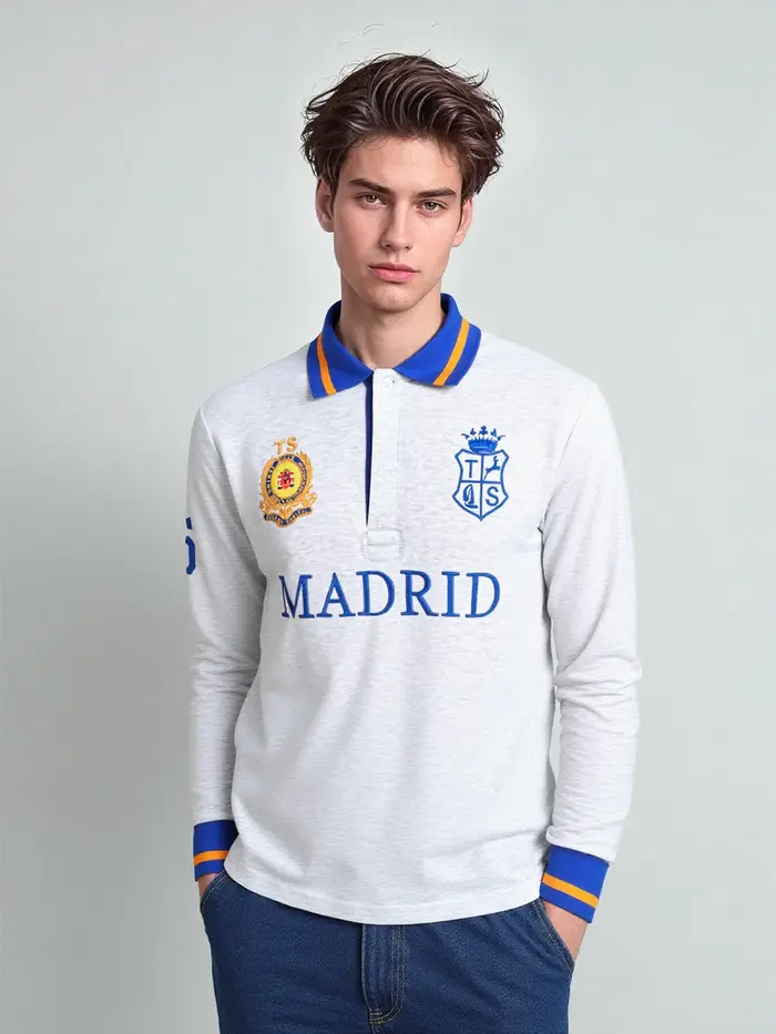 Polos pour hommes Gris 100% coton Polo à manches longues Col complet avec broderie Madrid Vêtements de sport décontractés