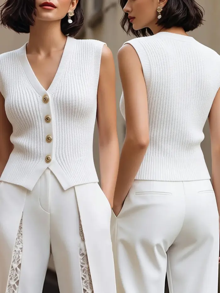 Nouveau Gilet Tricoté Sans Manches Col V pour Femme