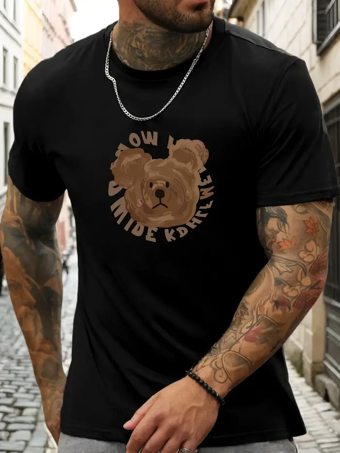 2025 hommes à la mode mignon ours brun graphique T-Shirt blanc décontracté confortable doux coton mi