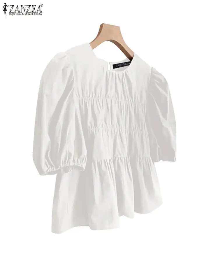ZANZEA femmes chemisier à volants à manches courtes été hauts 2025 décontracté couleur unie tunique femme col rond plissé Blusas surdimensionné
