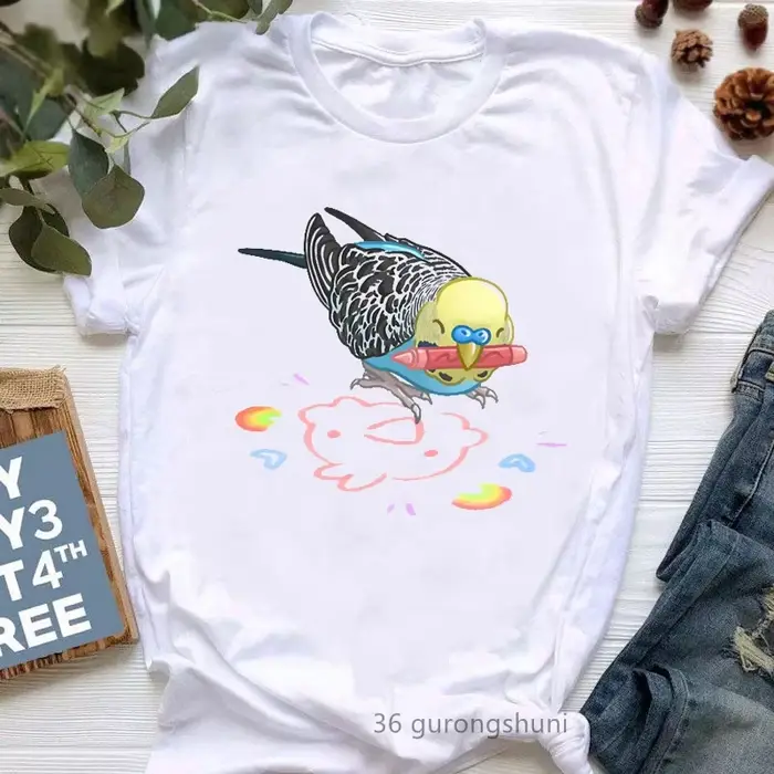 T-shirt imprimé graphique pour femme, joli t-shirt perroquet, blanc, manches courtes, j'aime vraimen