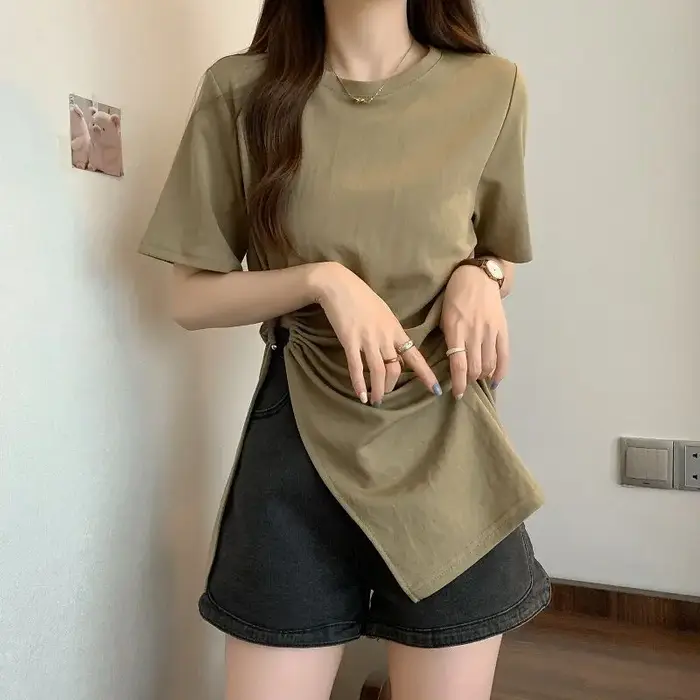 T-shirt long décontracté pour femme, design fendu sur le côté, plis sexy, pur, simple, tout match, s