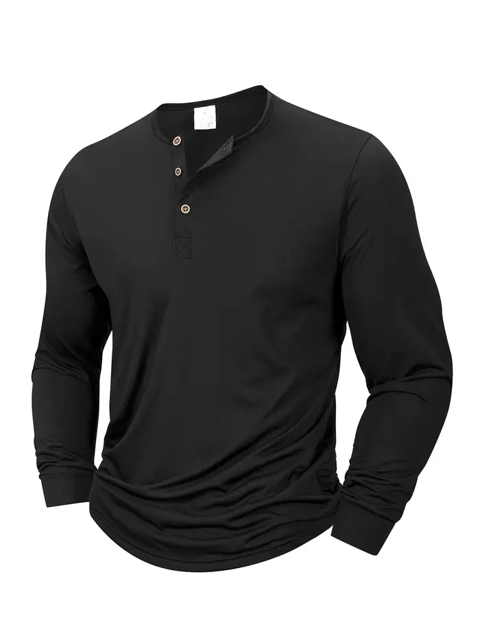 T-shirt à manches longues pour hommes, col Henley, bouton, couleur unie, T-Shirt de sport décontract
