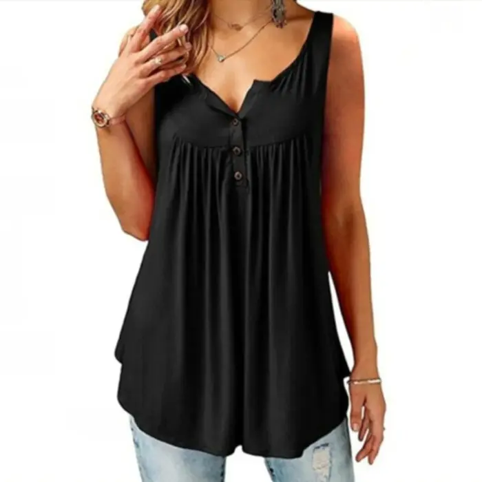 Femmes chaudes débardeur ample solide col en U femme Camisole sans manches plissé débardeur dames bouton 2020 été femmes gilet ample