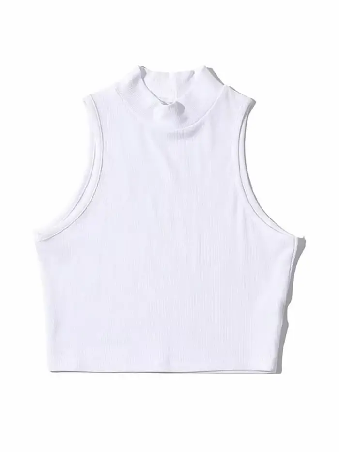 Top court sans manches pour femmes, Top à la mode, col haut, blanc, 5 couleurs, été