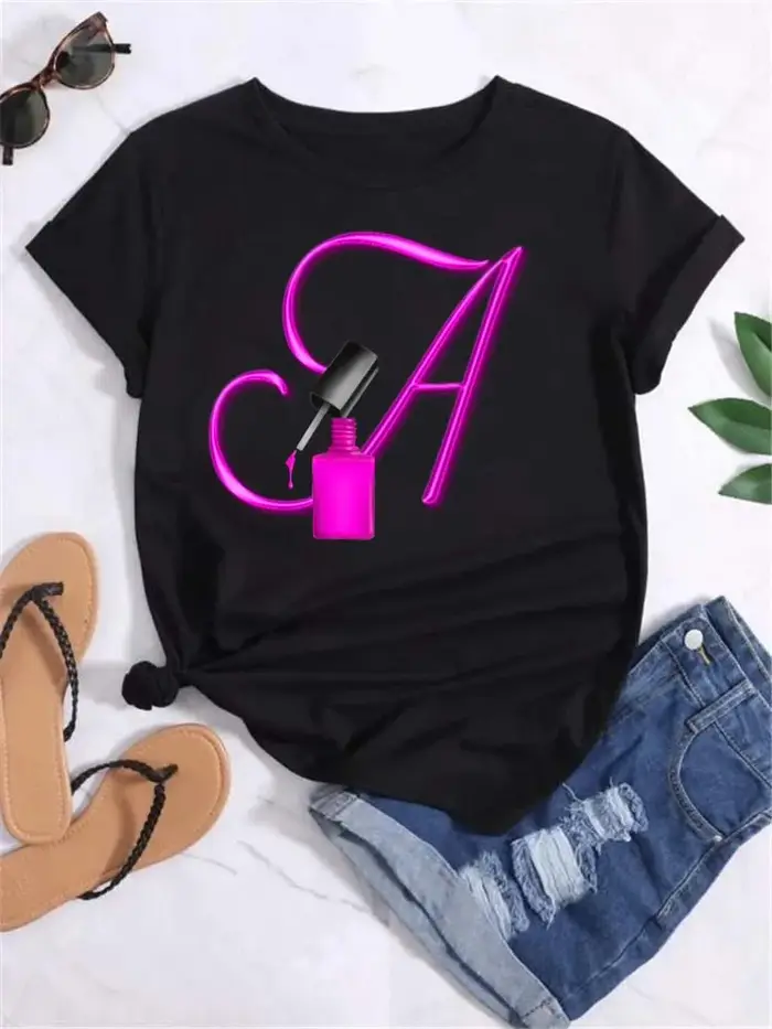 Créatif 26 lettres combinaison mode femmes T-shirt vernis à ongles lettre police A B C DShort manches hauts
