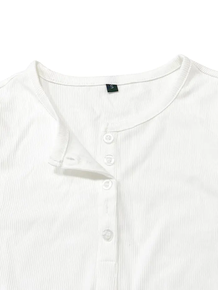 T-shirt côtelé uni à demi-bouton sur le devant pour femmes