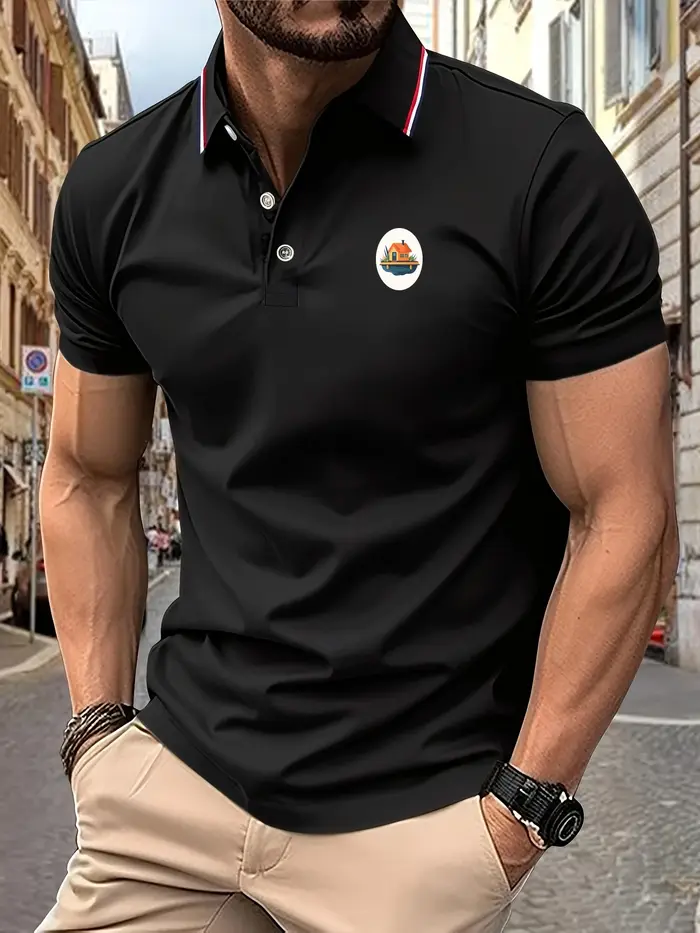 Polo de Golf pour hommes, imprimé graphique de chalet d'eau, col rayé, manches courtes, évacuant l'h