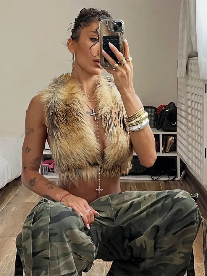 Cutenew mince fourrure licou débardeur femmes Sexy dos nu léopard Simple sauvage gothique Punk Hottie rue minuit Clubwear gilet