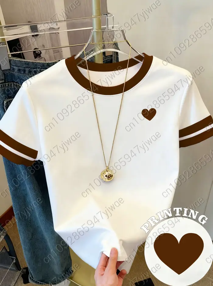 T-shirt pour femme à manches courtes, édition Saint-Valentin, imprimé cœur rouge, col rond, t-shirt