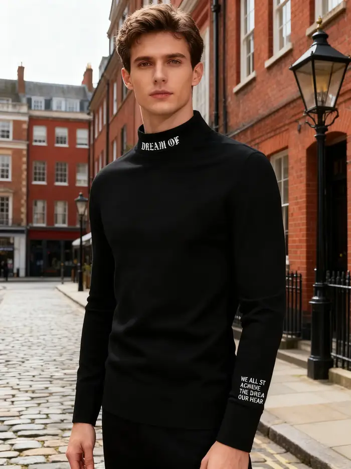 T-shirt à manches longues et col mi-haut pour hommes avec lettres imprimées