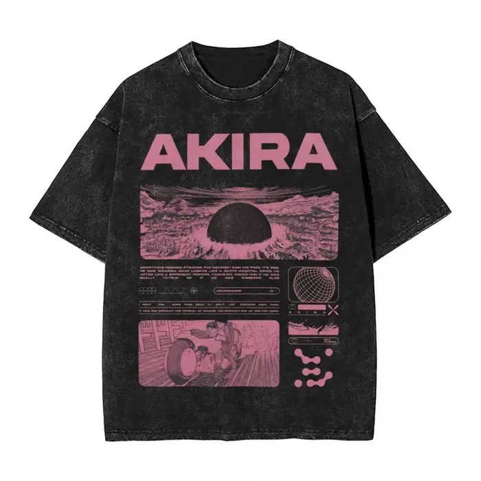 T-Shirt à Manches Courtes pour Homme et Femme, Vêtement Délavé, Akira, Anime Japonais, Hip Hop, Vint