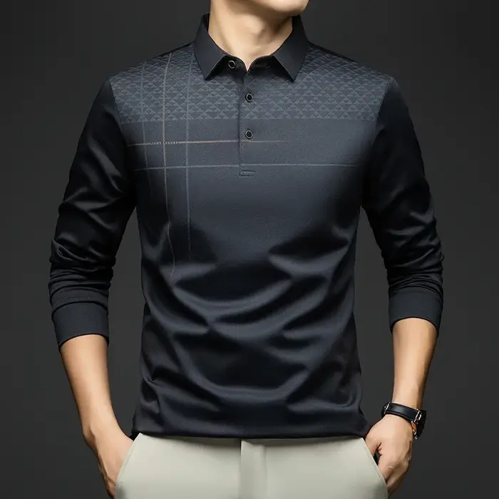 BROWON marque de luxe élégant formel Polo t-shirts hommes conception graphique à manches longues col de chemise bureau travail Polo hauts homme vêtements