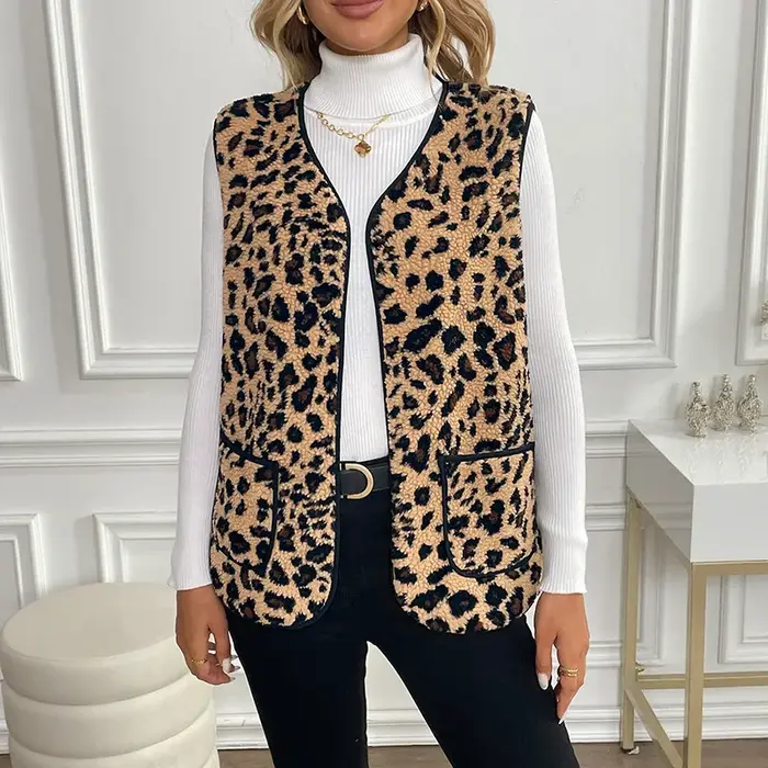 Gilet sans manches à col en v, veste Cardigan imprimé léopard pour femme, automne et hiver de 2025
