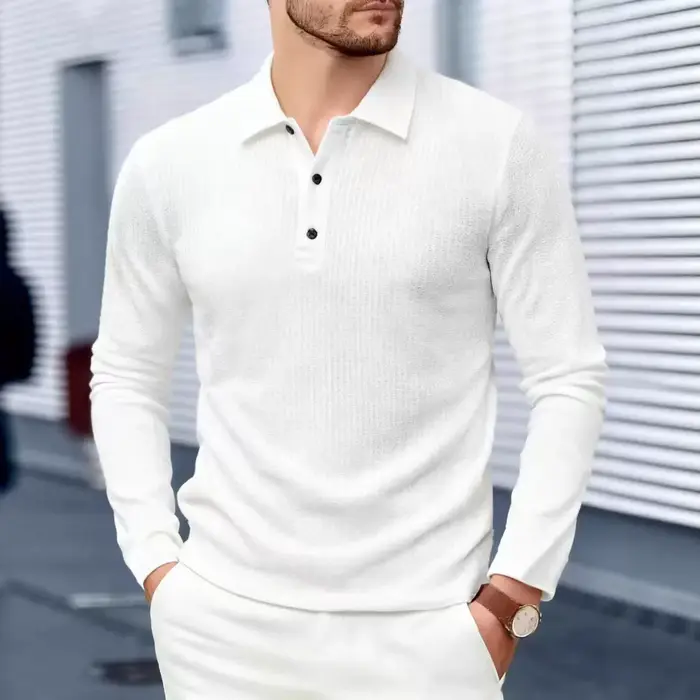 Polo homme printemps-automne à manches longues, col rabattu, couleur unie, respirant, pour affaires 