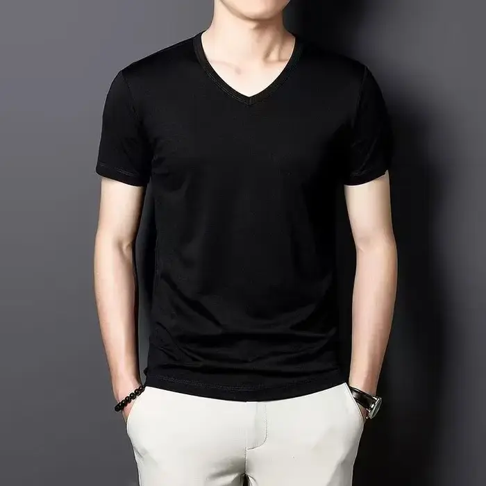 T-shirt d'été à manches courtes pour hommes, fin et polyvalent, à la mode, couleur unie, col en v, v
