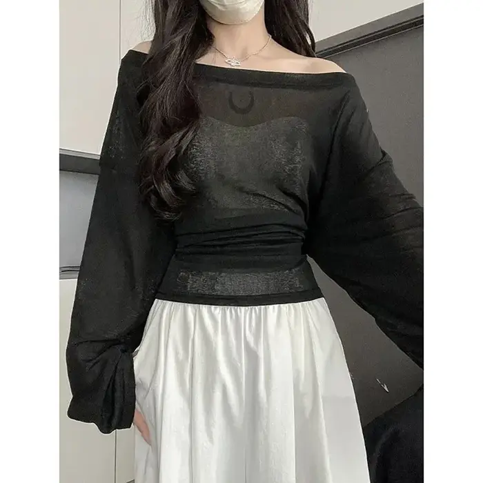Chemise transparente de protection solaire pour femme, t-shirt d'été fin, respirant, à manches longues, couleur unie, col rond, vêtements basiques