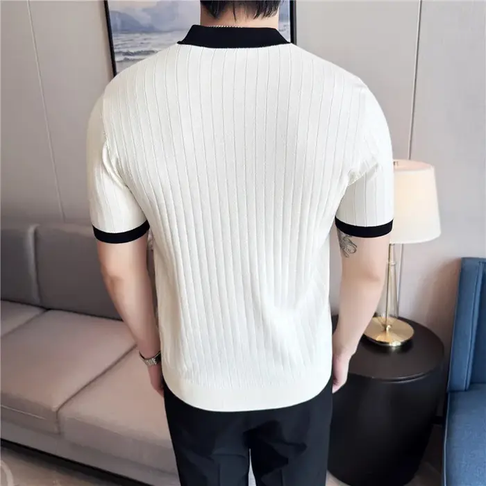 Hommes tricoté Polo Style britannique été léger mince à manches courtes usage quotidien haut t-shirt