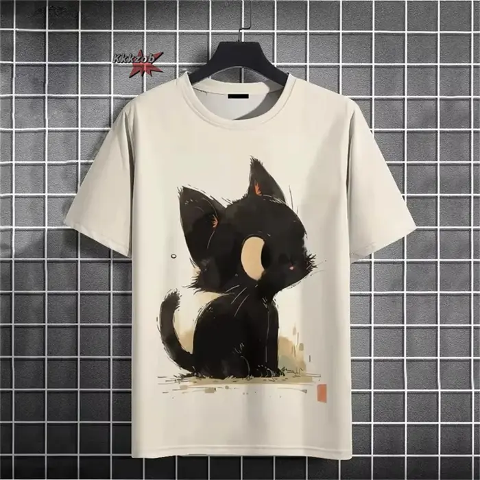 Japonais Ukiyo-E motif de chat mignon col rond hommes à manches courtes quotidien surdimensionné T-S