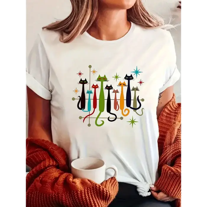 T-shirt à manches courtes en coton 100% pour femme, col rond, imprimé chat, tendance décontractée, h