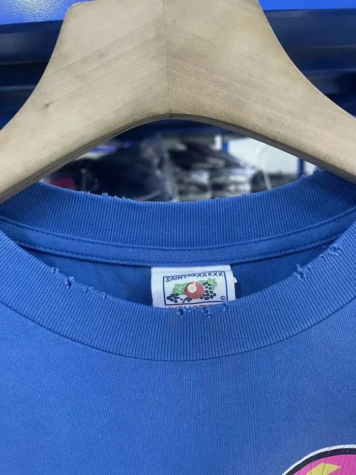 Pill Logo imprimé SAINT T-shirt à manches longues hommes femme bleu endommagé col rond décontracté Vintage ample coton printemps automne Streetwear