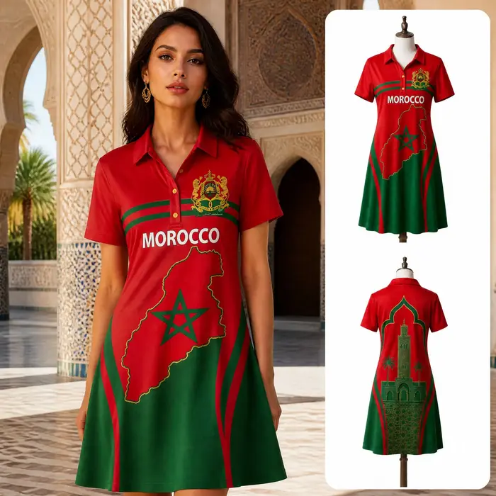 Robe Polo Femme Marocaine Rouge Vert Imprimé Carte Étoiles Manches Courtes Décontractée Coupe Évasée Été Voyage Quotidien Mode Élégante Héritage