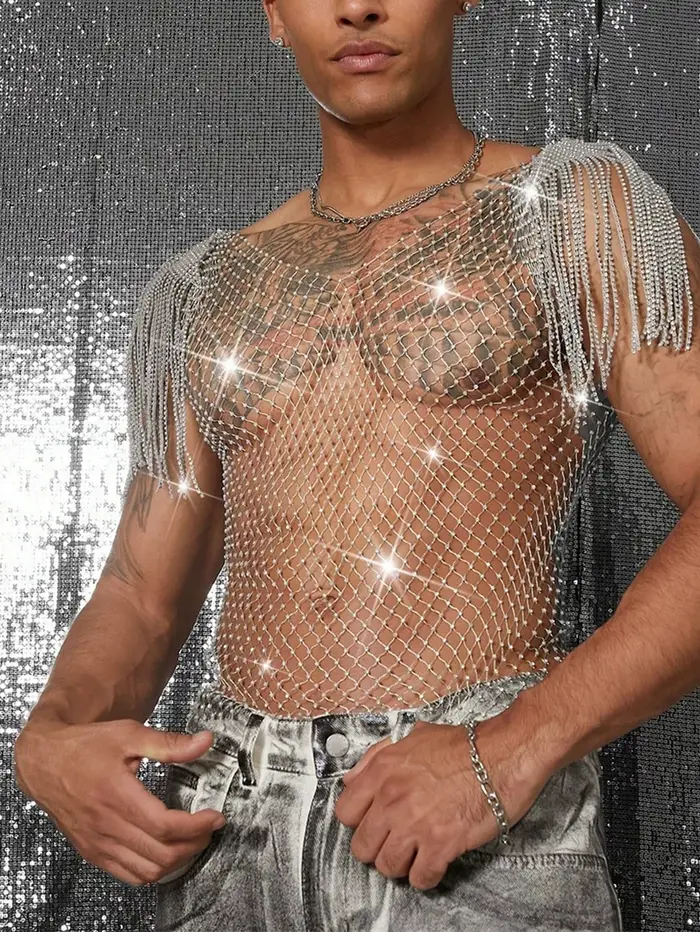 Débardeurs brillant strass résille évider haut hommes maille voir à travers gland T-Shirt homme fête Clubwear gilet Transparent