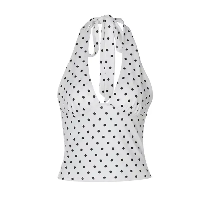 Crop Top à pois pour femme, débardeur Y2K à col en V, dos ouvert, froncé, pour sorties estivales