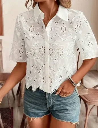 Femmes blanc chemise élégante mode crochet fleur creux à manches courtes hauts chemises