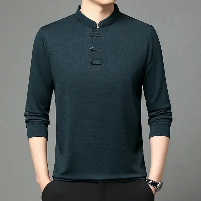 Printemps automne hommes Style chinois col montant polos mode coupe ajustée à manches longues