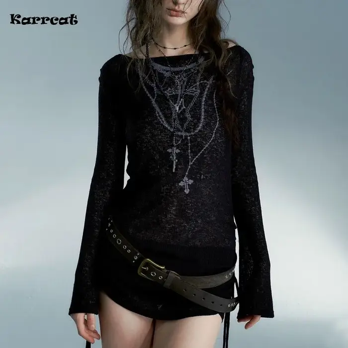 Karrcat Grunge esthétique tricoté hauts Vintage tatouage impression T-shirt Wasteland Punk noir côte