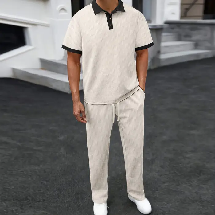 Ensemble 2 pièces polo et pantalon texturé pour homme avec col contrastant – Survêtement décontracté pour le streetwear quotidien