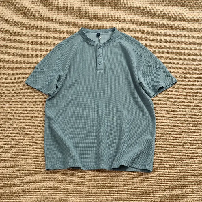 T-shirt Henley épais pour homme, délavé et vieilli, à manches raglan, style demi-cardigan, respirant