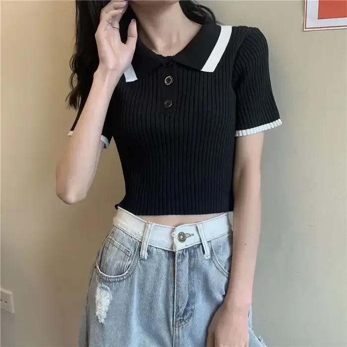Polo femme Sexy haut court bouton femme t-shirt tricoté mince avec T-shirts col vêtements coréens pulls tendance 2025 été