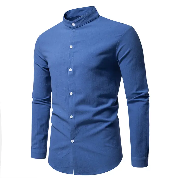 Printemps hommes à manches longues col montant couleur unie chemise décontractée hommes pur coton mo