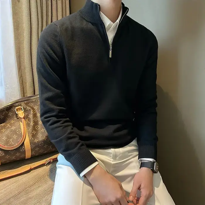 Pull à manches longues et demi-col roulé pour homme, avec fermeture éclair, polyvalent, automne et h