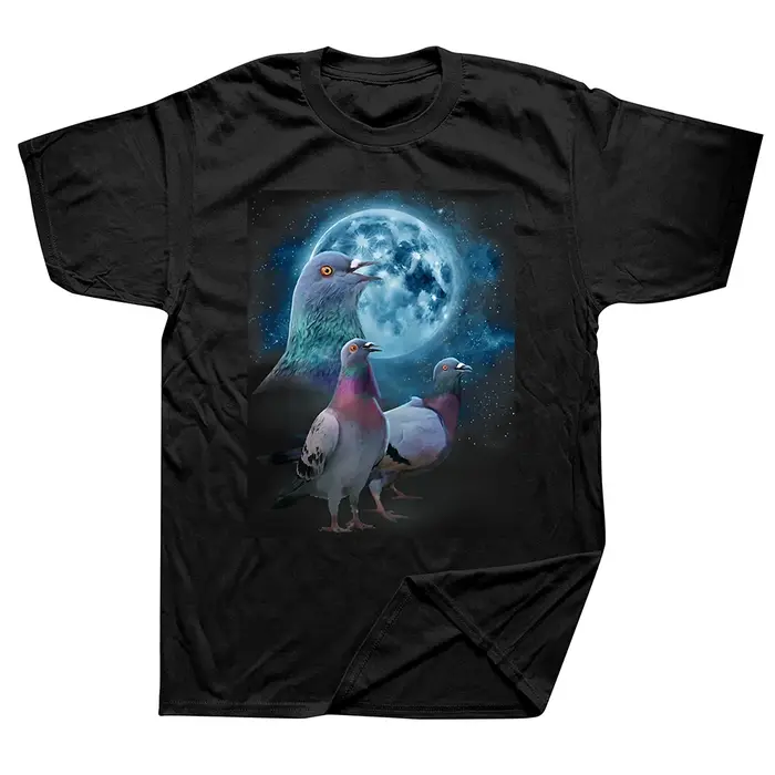 Pigeons hurlant à la lune drôle oiseau t-shirt hauts col rond à manches courtes mode