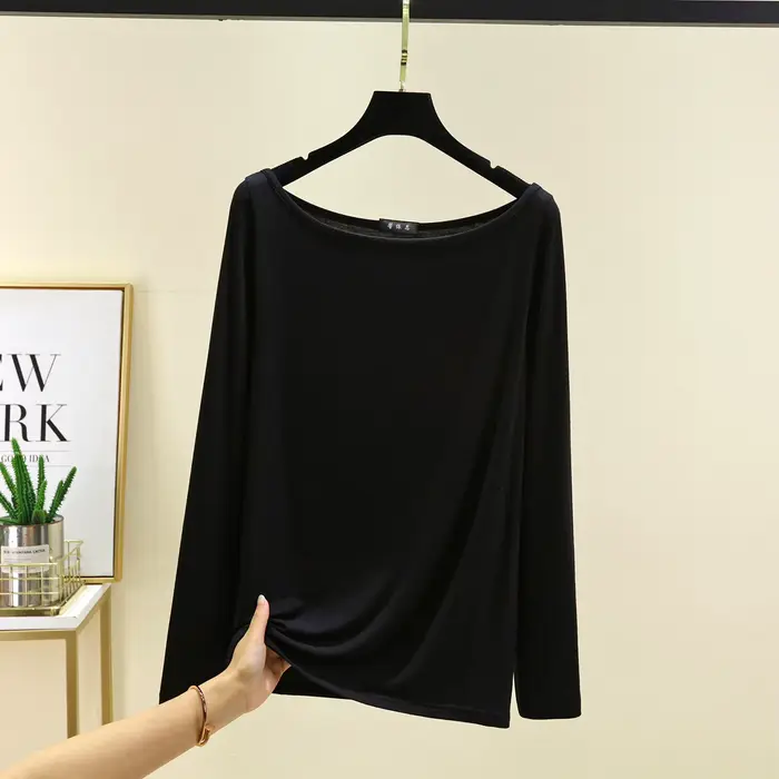 Modal col bateau t-shirts manches longues femmes coupe ajustée T-Shirt couleur unie couche de Base h