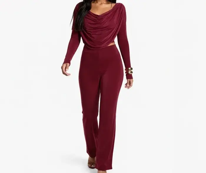 Ensemble deux pièces haut à col bénitier et pantalon taille haute pour femme