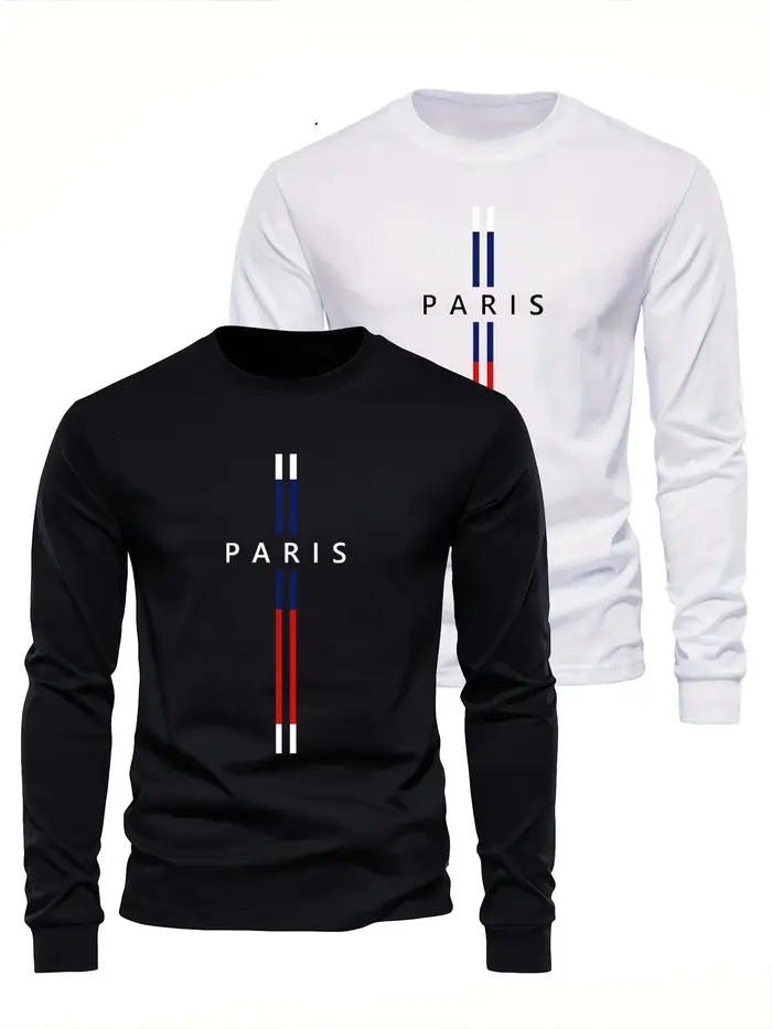 T-shirt à manches longues pour homme, col rond, imprimé graphique Paris Letter, 100% coton pur, ampl