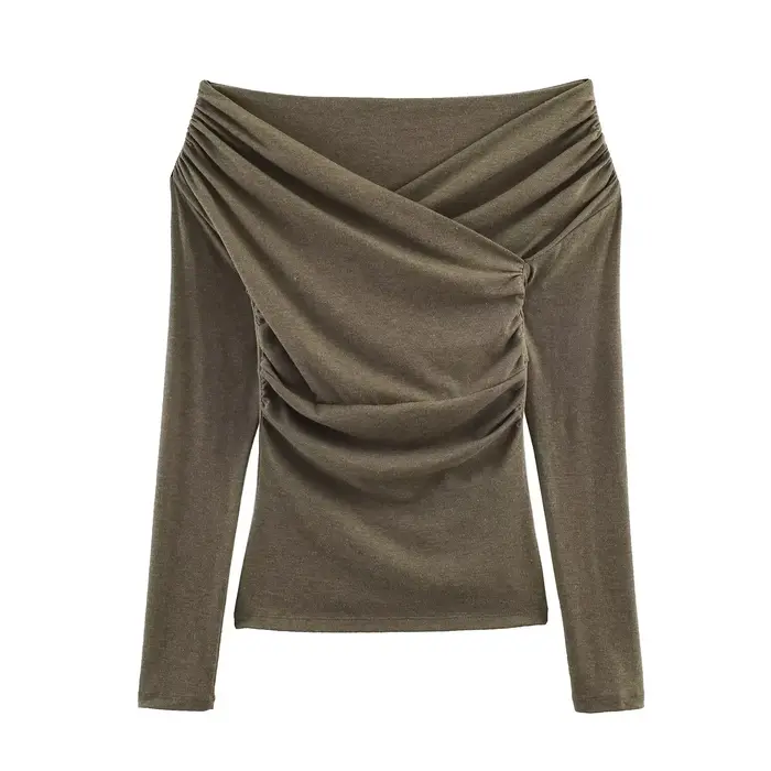 T-shirt plissé chic pour femme, printemps, femme, épaules dénudées, manches longues, pull ajusté, ba