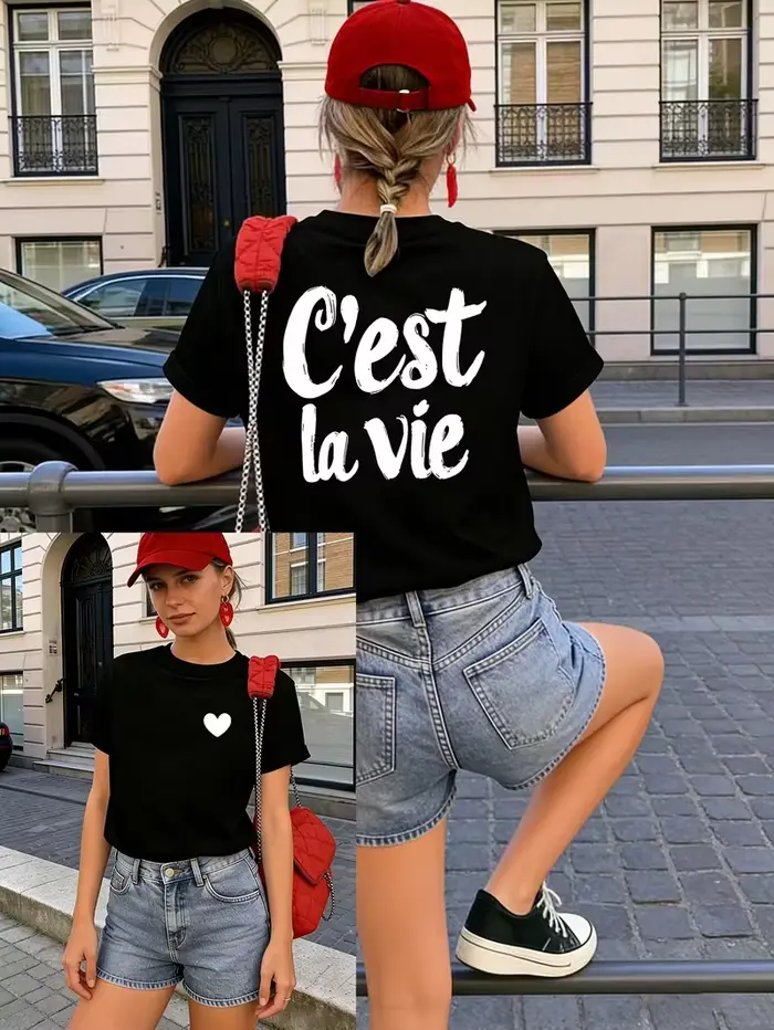 T-shirt graphique C'est La Vie Heart, T-shirt pour femme avec imprimé rétro de lettres françaises su