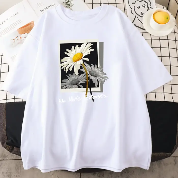 T-shirt en coton avec image de fleur pour femme