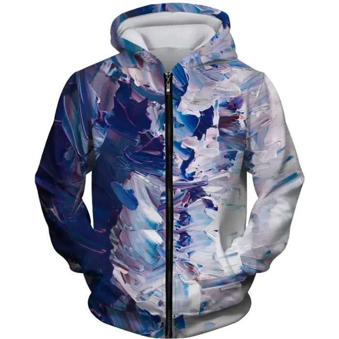 Sweat à capuche zippé d'art abstrait bleu violet vert motif aquarelle imprimé sweat-shirt streetwear